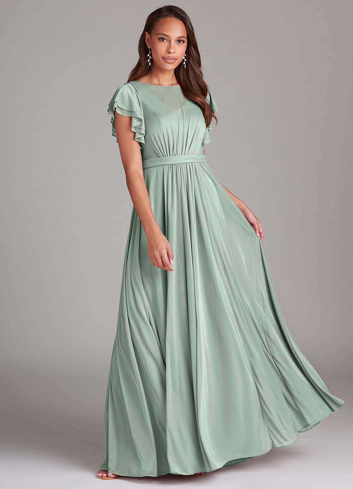 Azazie Daphne Modest Bridesmaid Dresses A-Line Ruched Mesh Floor-Length Dress image1