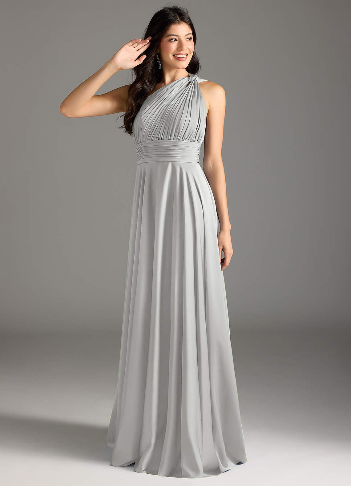 Azazie Charlize Bridesmaid Dresses Silver A-Line One Shoulder Stretch Satin Dress image1