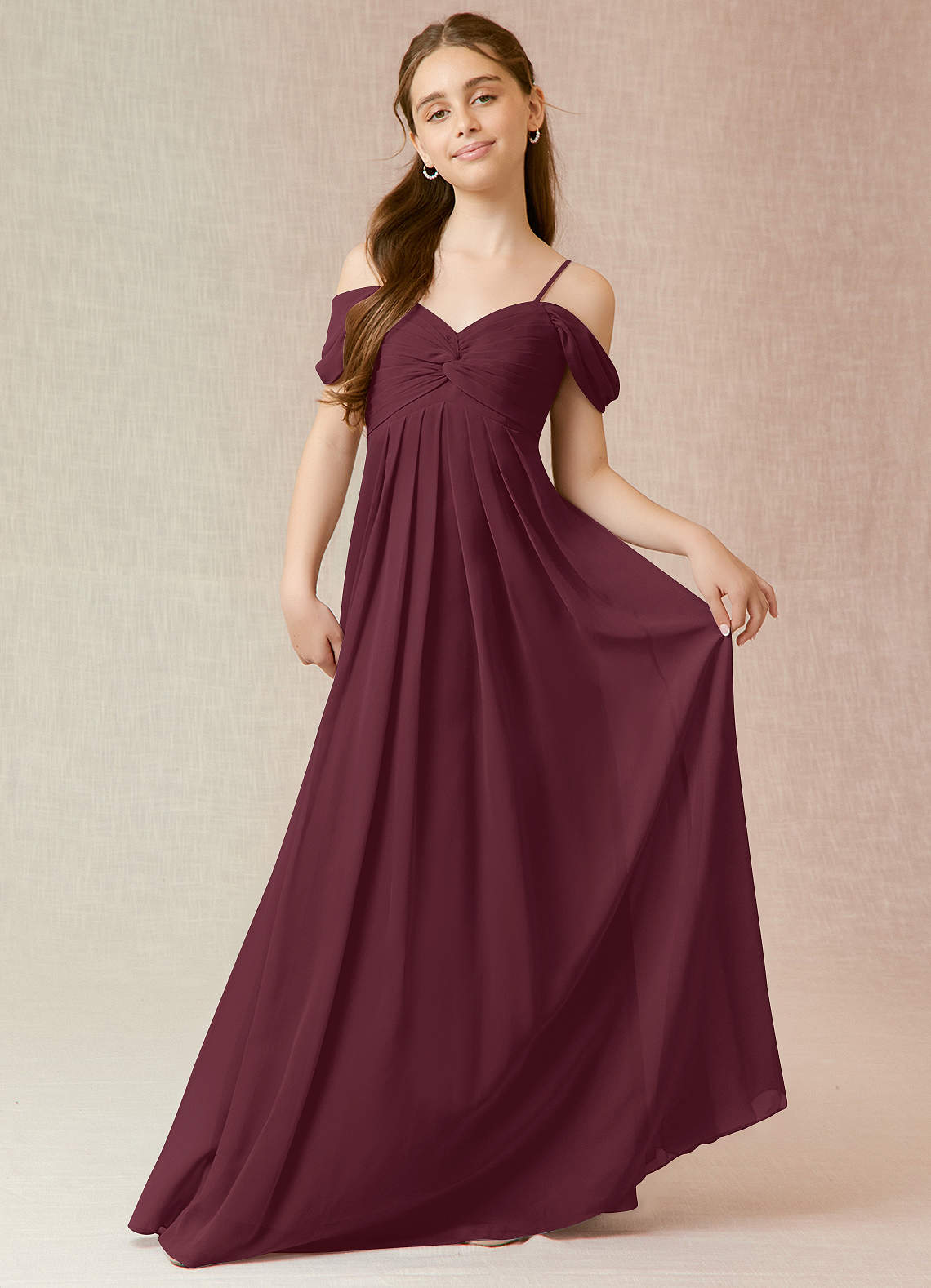 Azazie Kaitlynn Junior Cabernet A-Line Off the Shoulder Chiffon Dress image1