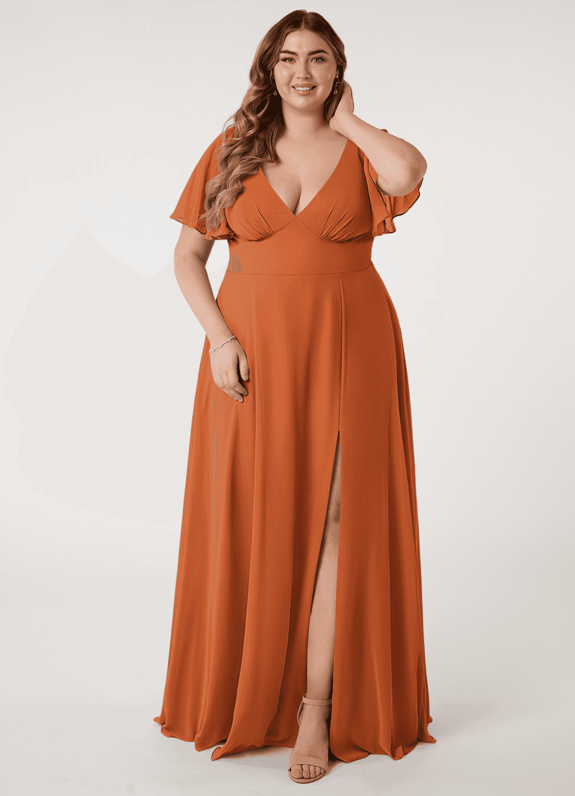Azazie Kimber Bridesmaid Dresses Cinnamon A-Line Flounce Sleeve Chiffon Dress image1