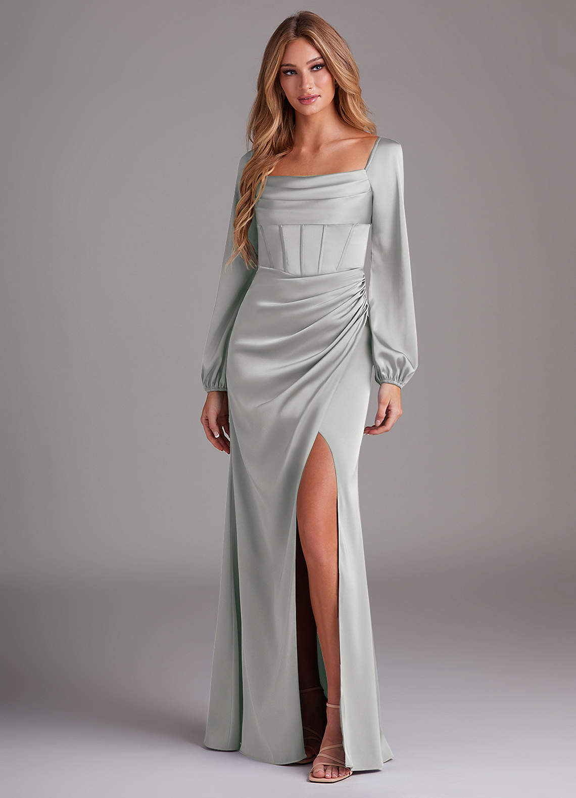 chinese dress ladies High-Slit Chiffon Plus Size Bridesmaid Dress with Long Sleeves and Waist Pleating main image 0
