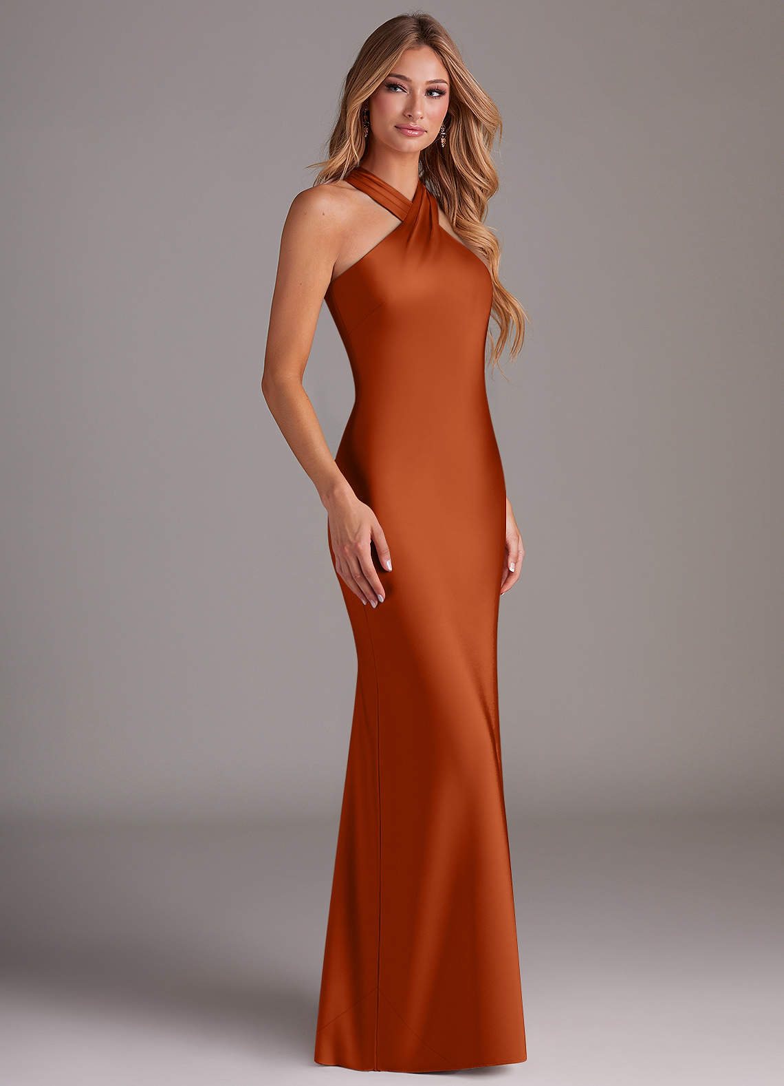 Azazie Doretta Bridesmaid Dresses Burnt Orange Mermaid Pleated Stretch Satin Dress image2