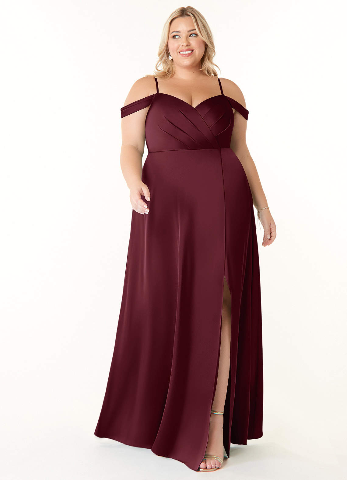Azazie Ocean Brautjungfernkleider A-Linie V-Hals Gefaltet Stretch-Satin Kleid Cabernetrot image1