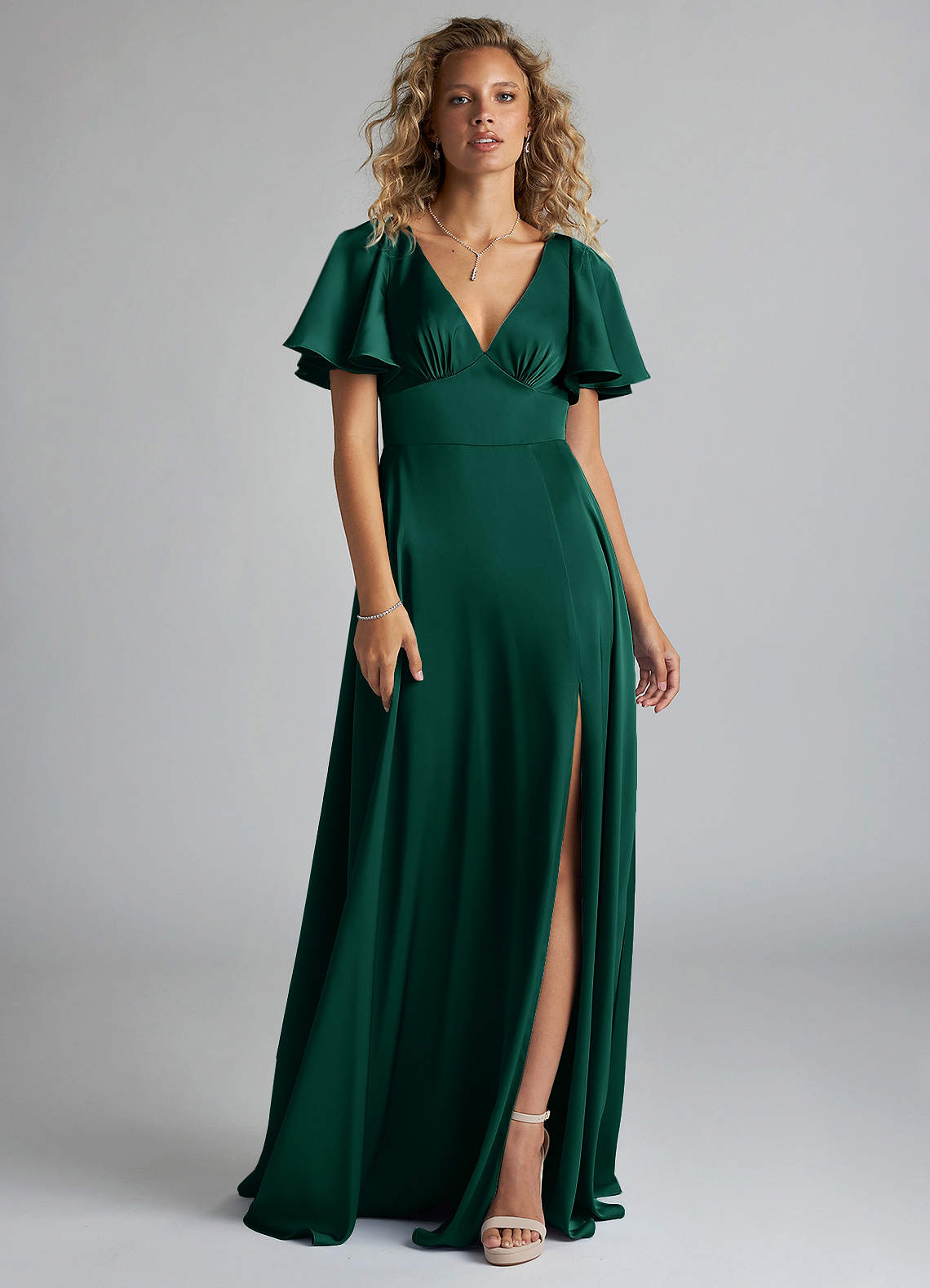 Azazie Kimber Bridesmaid Dresses Emerald A-Line Ruched Stretch Satin Dress image2