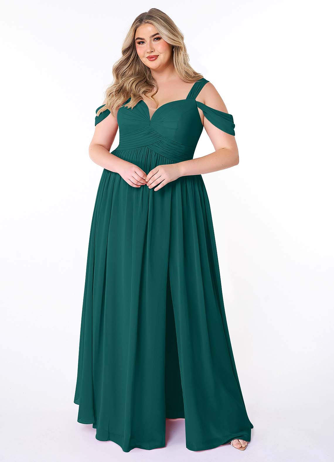 Azazie Lianne Bridesmaid Dresses Peacock A-Line Off the Shoulder Chiffon Dress image1