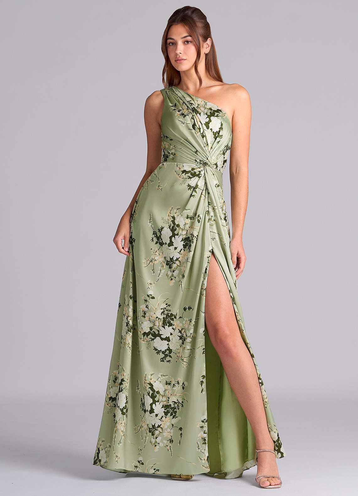 Azazie Brooke Vestidos de damas de honor Vestido de Enredaderas Florales de Satén Elástico de Corte en A con Hombro unilateral image1