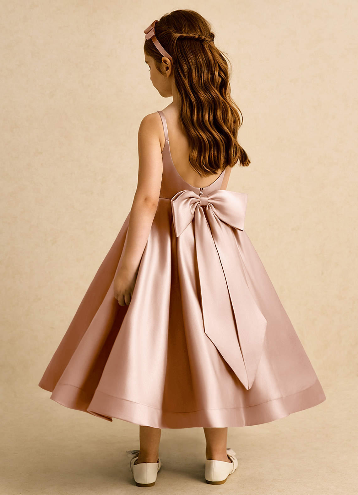 Azazie Babs Flower Girl Dresses Champagne Rose Ball-Gown Pleated Matte Satin Dress image1