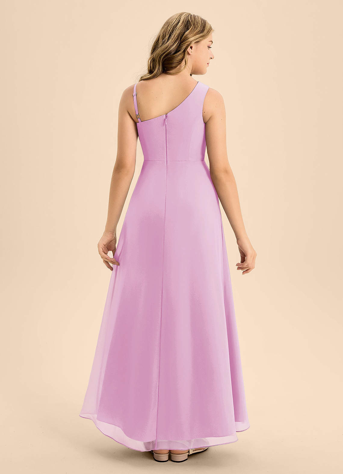 Azazie Brooke Junior Vestido de Rosa Caramelo de Gasa de Corte En A con Corte Lateral image1