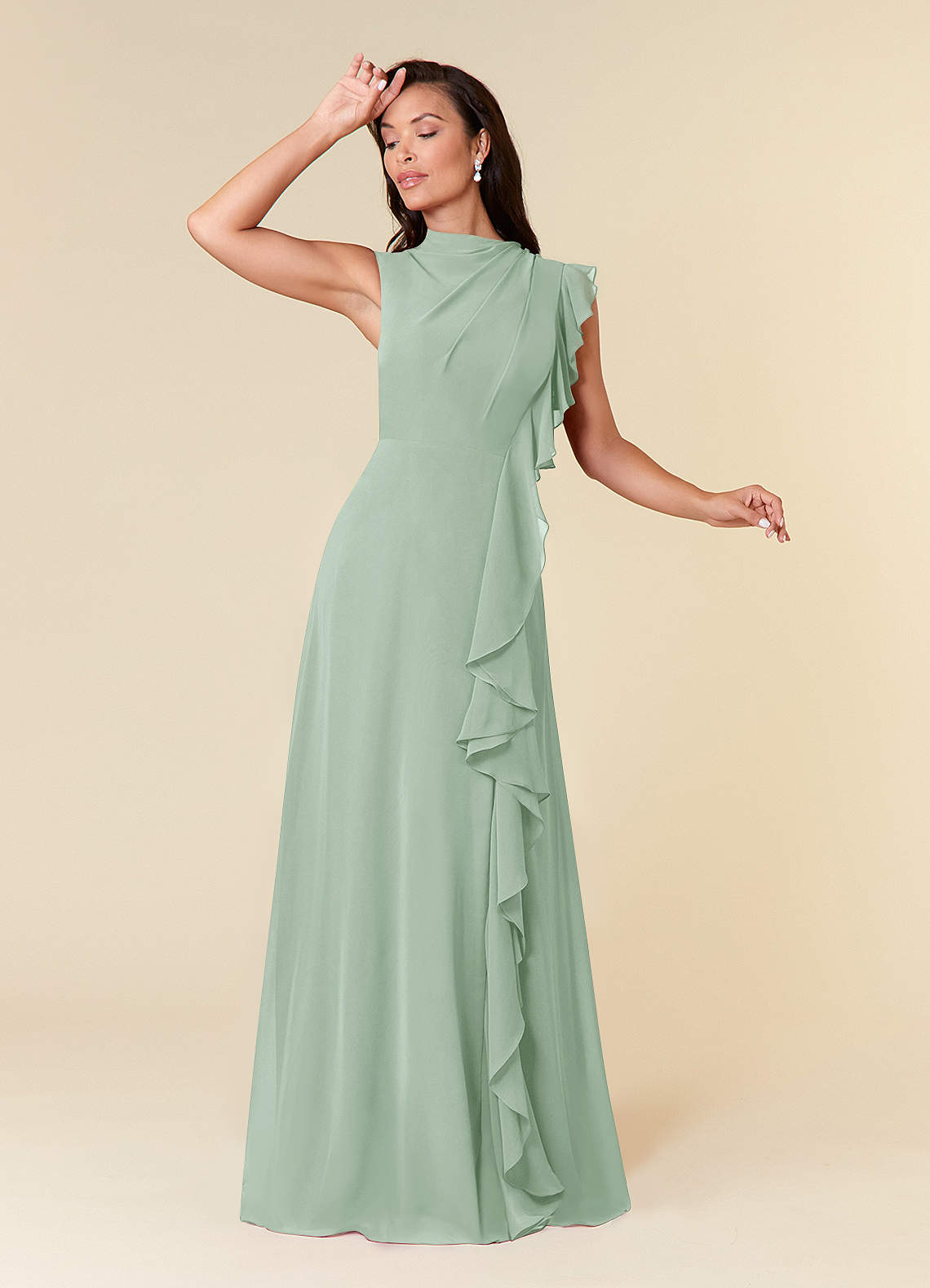 Azazie Narine At-home Try On Dresses Agave A-Line High Neckline Pleated Chiffon Dress image1