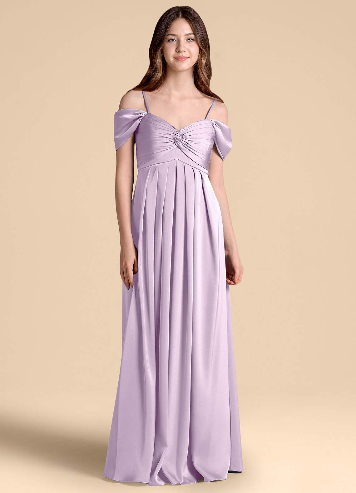 Azazie Kaitlynn Junior Frosted Lilac A-Line Off the Shoulder Stretch Satin Dress image1