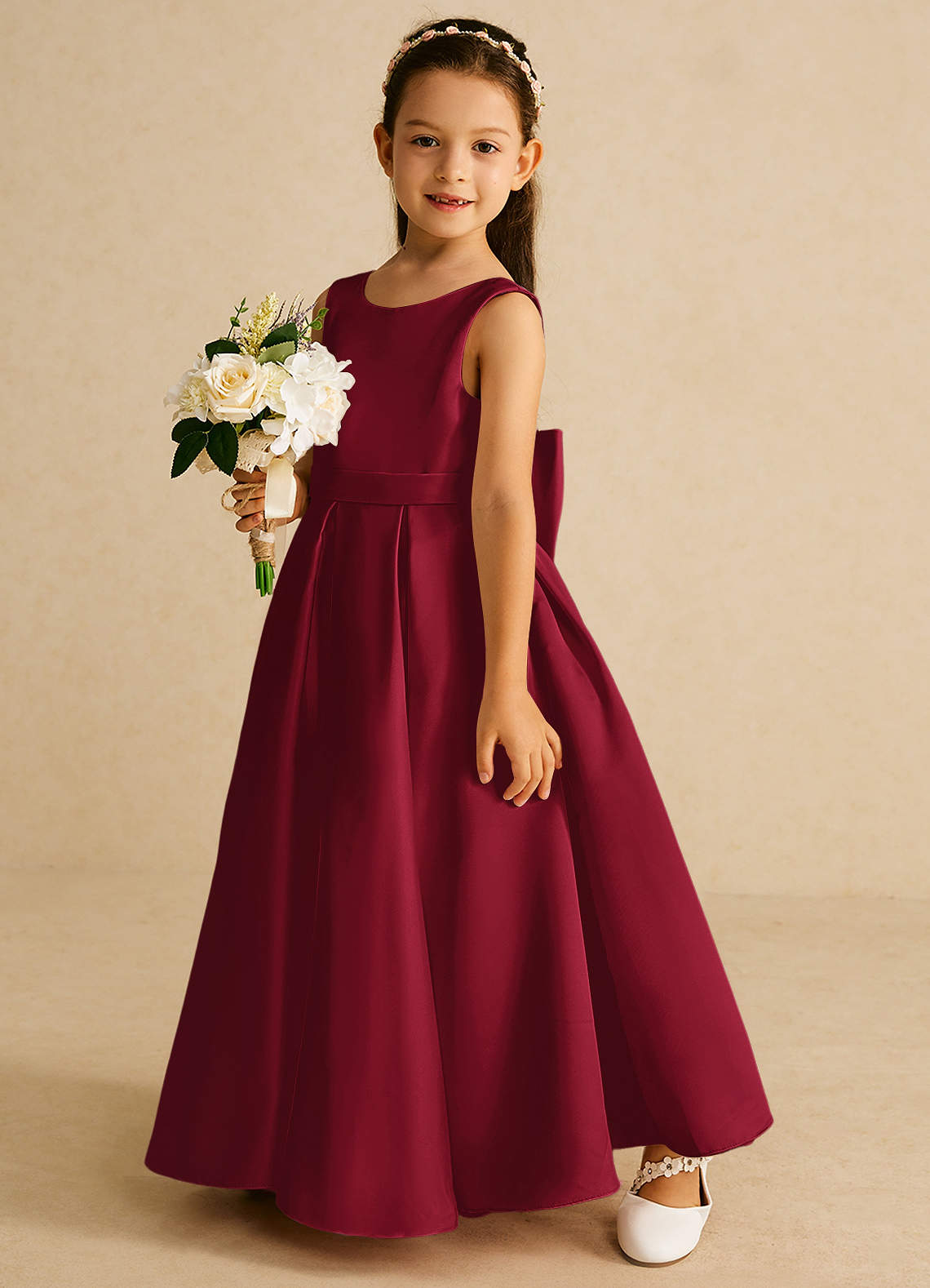 Azazie Pipsy Flower Girl Dresses Burgundy A-Line Bow Matte Satin Dress image1