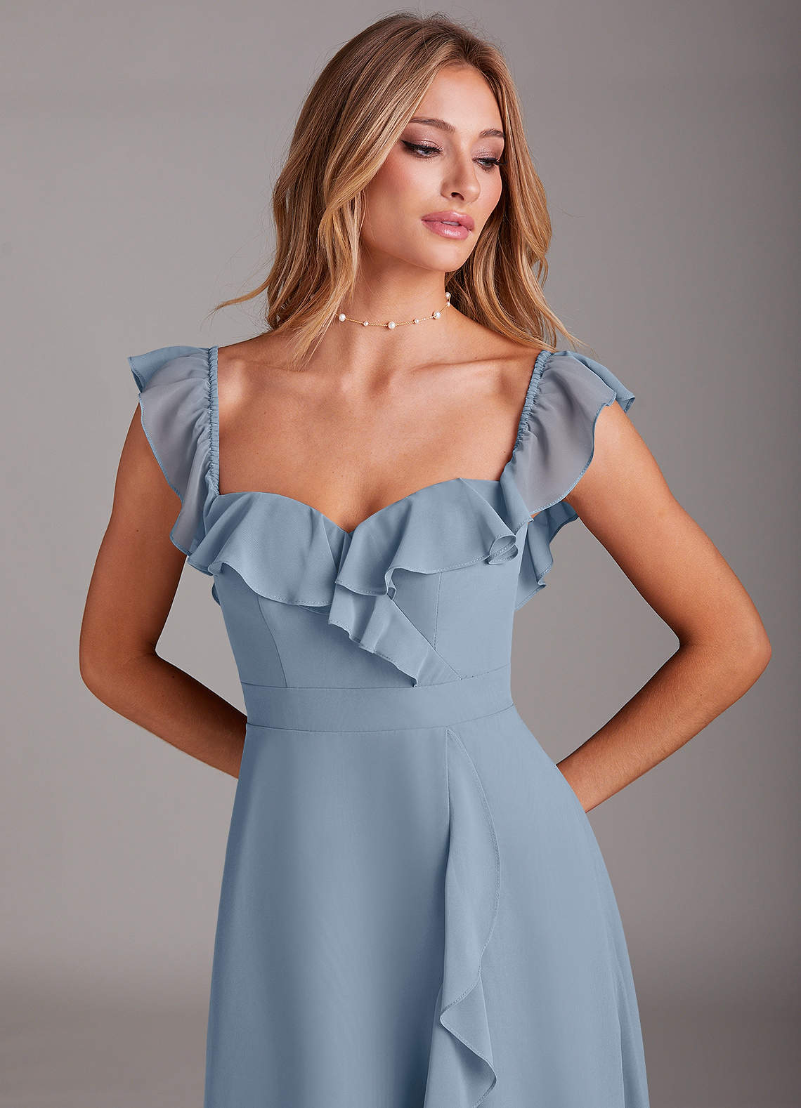 Azazie Lyra Bridesmaid Dresses Dusty Blue A-Line Chiffon Convertible Dress image9