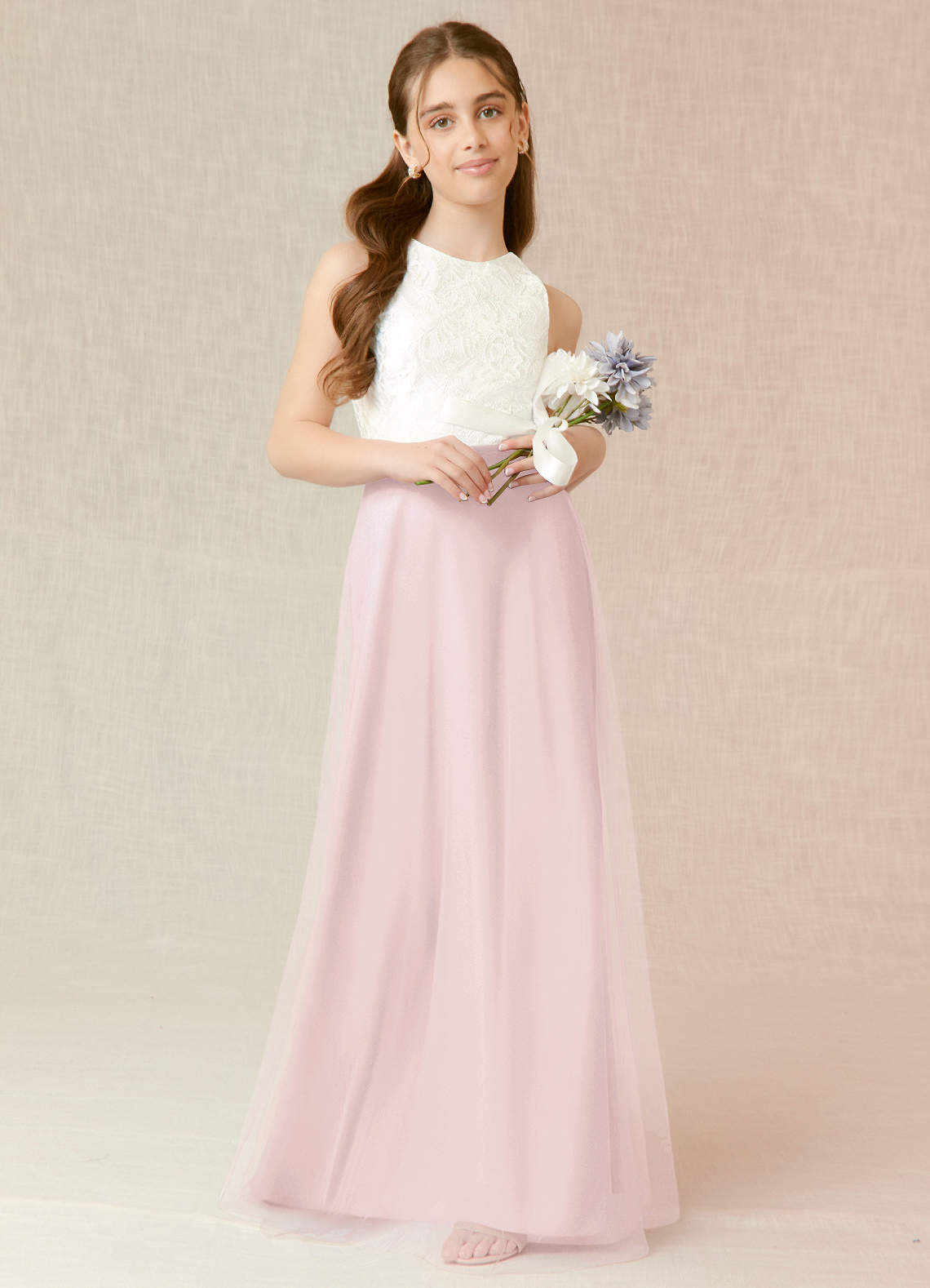 Azazie Albertine Junior Blushing Pink A-Line Lace Chiffon Dress image1