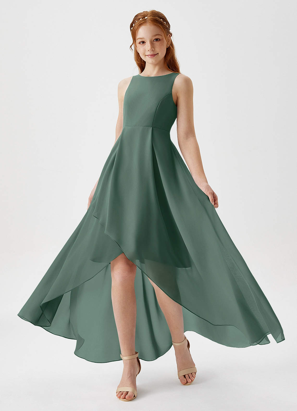 Azazie Lizette Junior Sea Moss A-Line Pleated Chiffon Dress image1