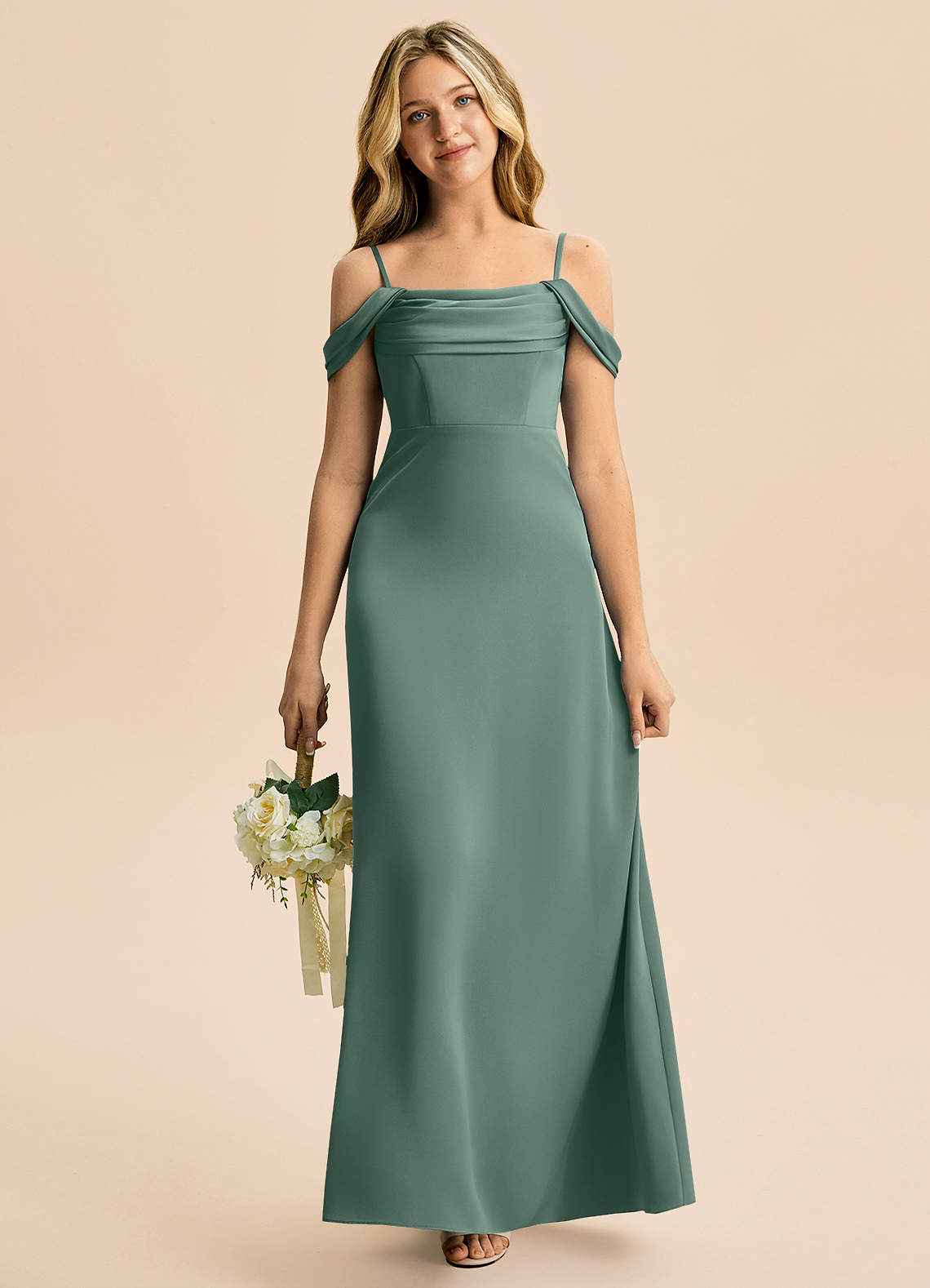 Azazie Lettie Junior Vestido Eucalipto de Cetim elástico de Linha A com Fora do ombro image1