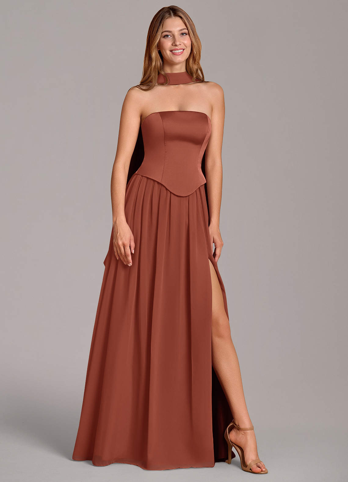 Azazie Cadence Vestidos de madrinha de casamento Vestido Castanho Aloirado de Cetim elástico de Linha A com Espartilho image1