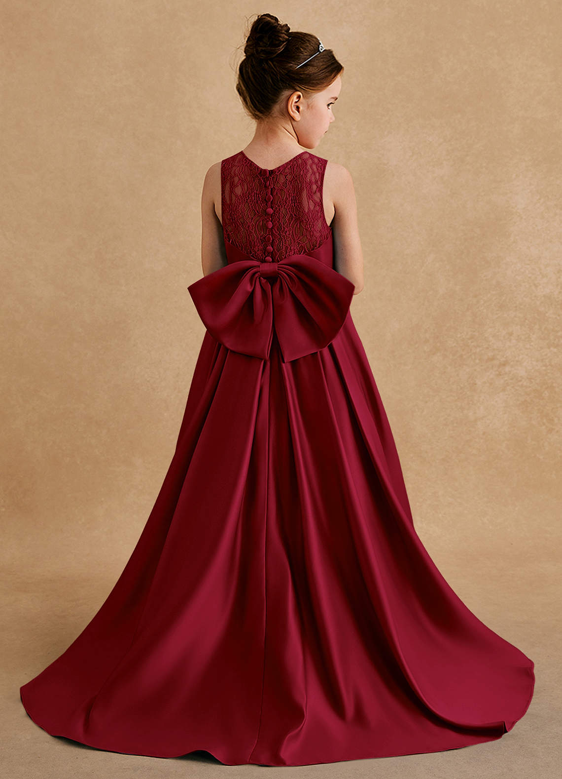 Azazie Sammy Flower Girl Dresses Burgundy A-Line Lace Matte Satin Dress image1