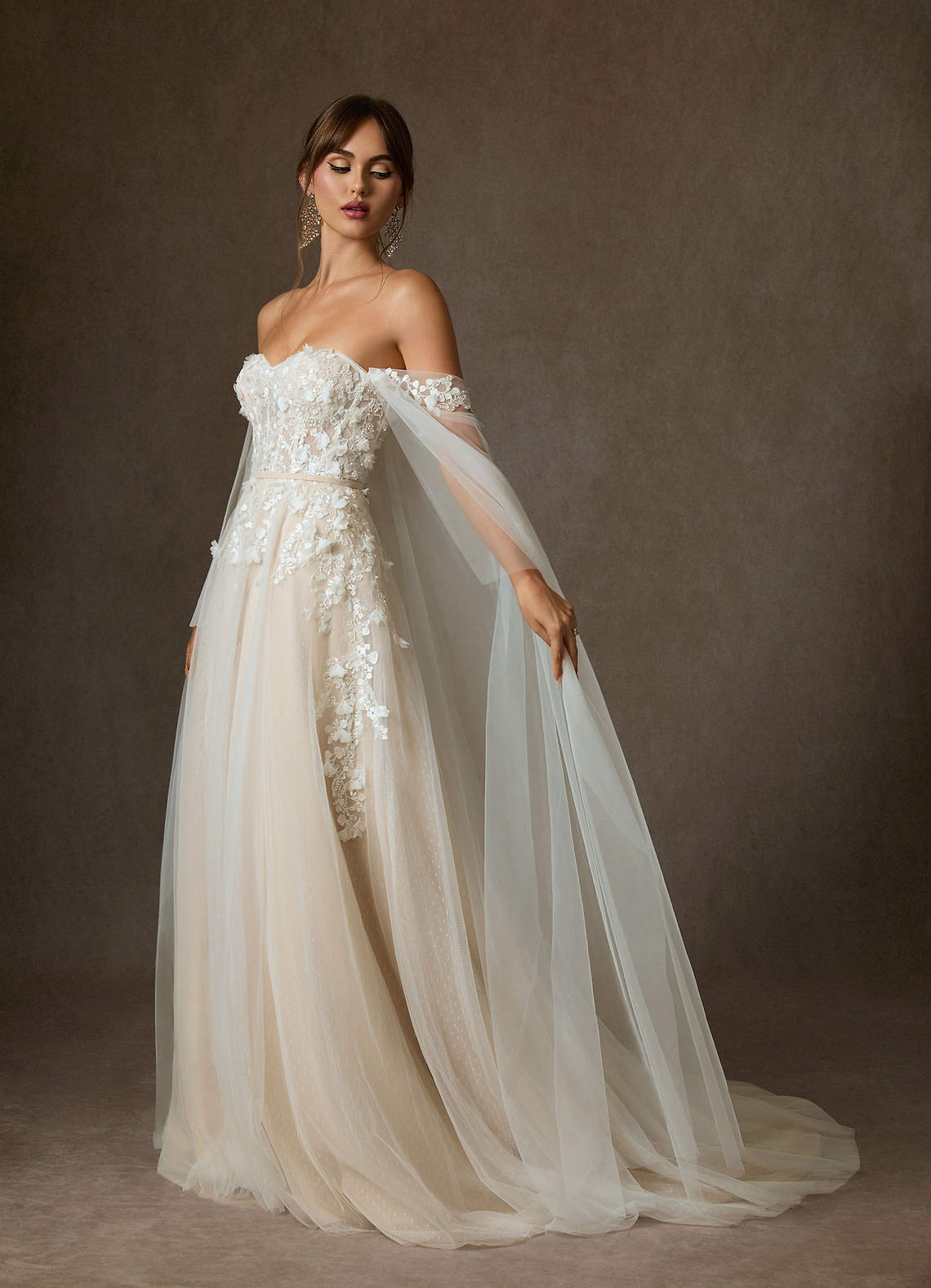Azazie Wynery Wedding Dresses Diamond White Champagne Ball-Gown Off the Shoulder Lace Dress image3