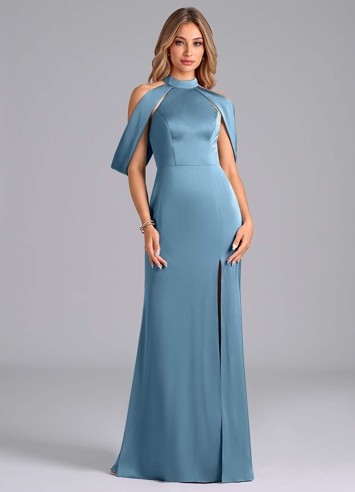 Azazie Bonny Bridesmaid Dresses Steel Blue Mermaid Off the Shoulder Stretch Satin Dress image1