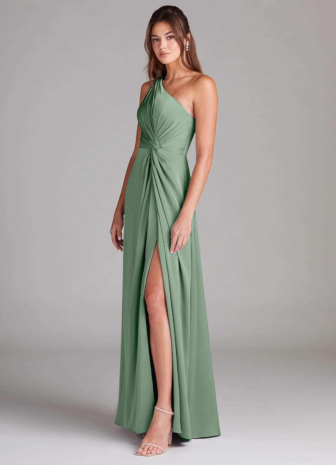 Azazie Brooke Jurken voor bruidsmeisjes Jurk van Stretch Satijn met A-Lijn One-Shoulder Matcha image4