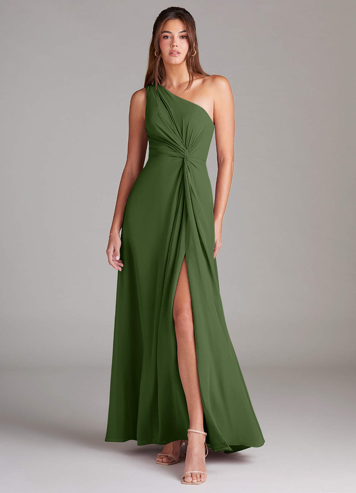 Azazie Brooke Bridesmaid Dresses Olive A-Line One Shoulder Chiffon Dress image1
