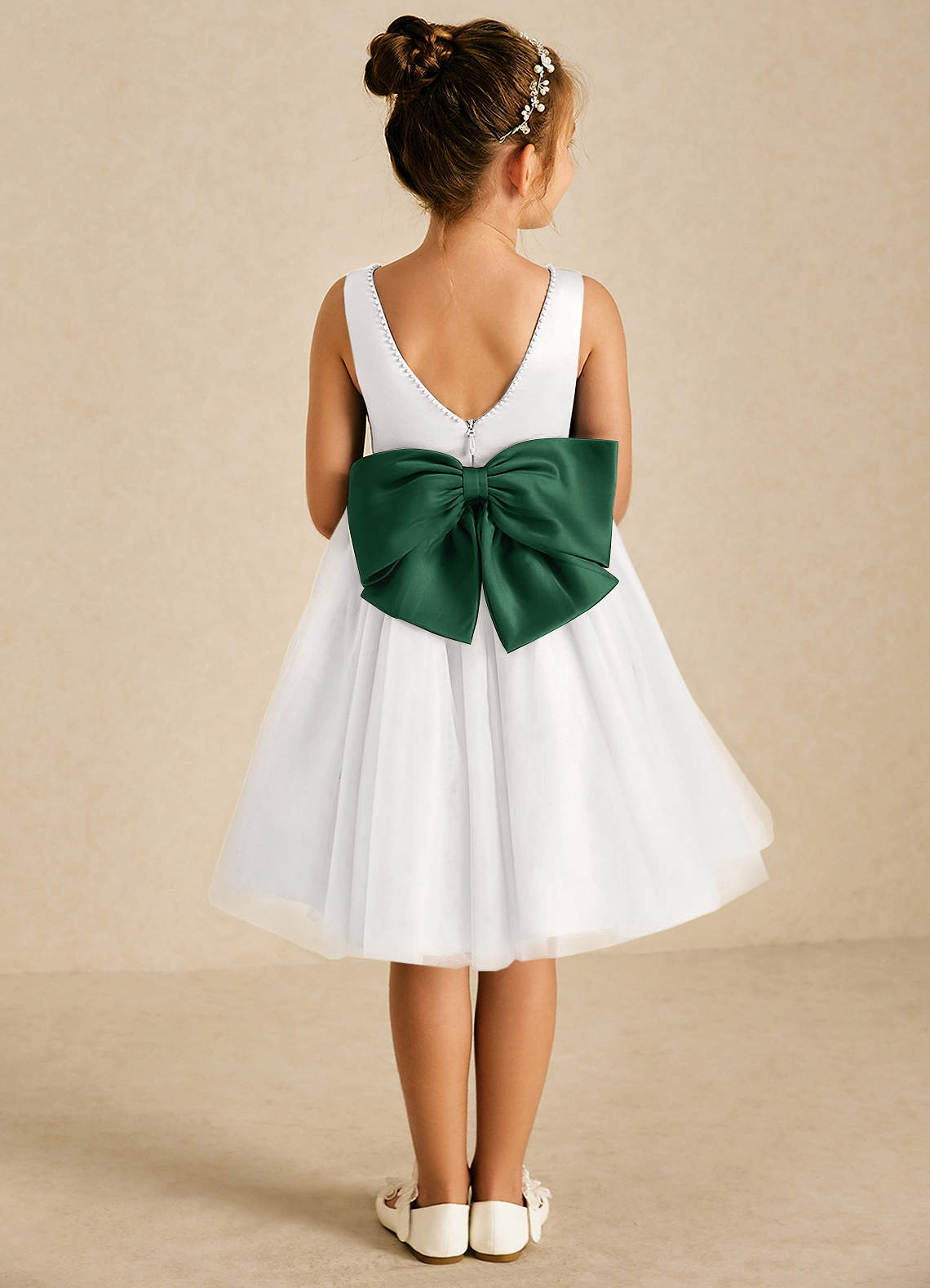 Azazie Seline Ivory Dark Green A-Line Bow Tulle Dress | Azazie