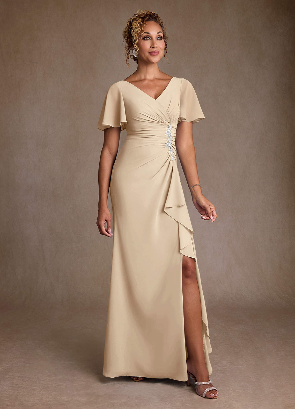 bridesmaid dresses suffolk Azazie Suffolk Champagne A-Line Pleated Chiffon Dress