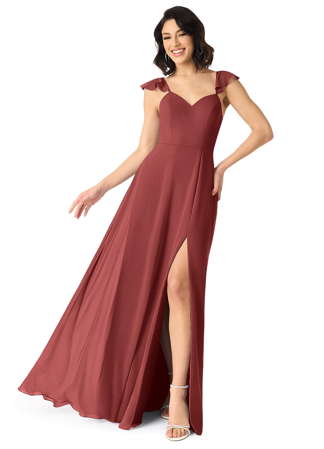 bridesmaid dresses terracotta color dress Azazie Everett Square Neck Sleeves