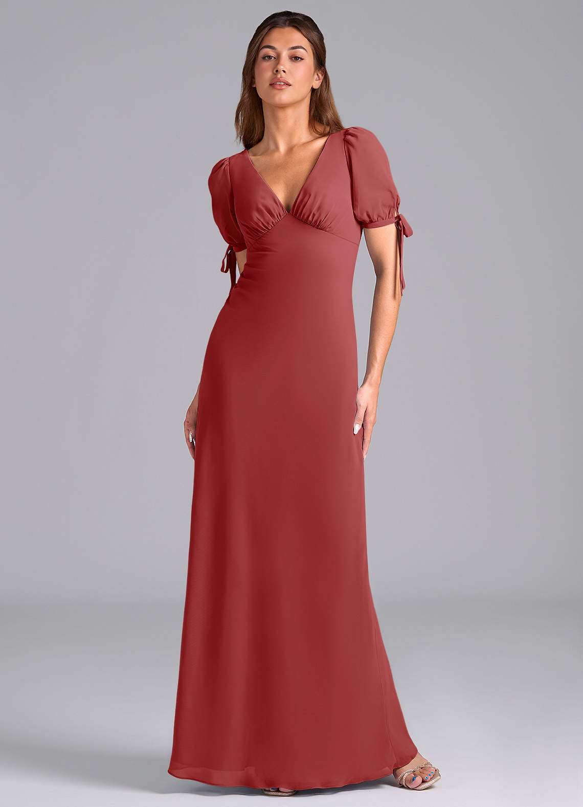 Azazie Pheby Bridesmaid Dresses Rust A-Line Pleated Chiffon Dress image1