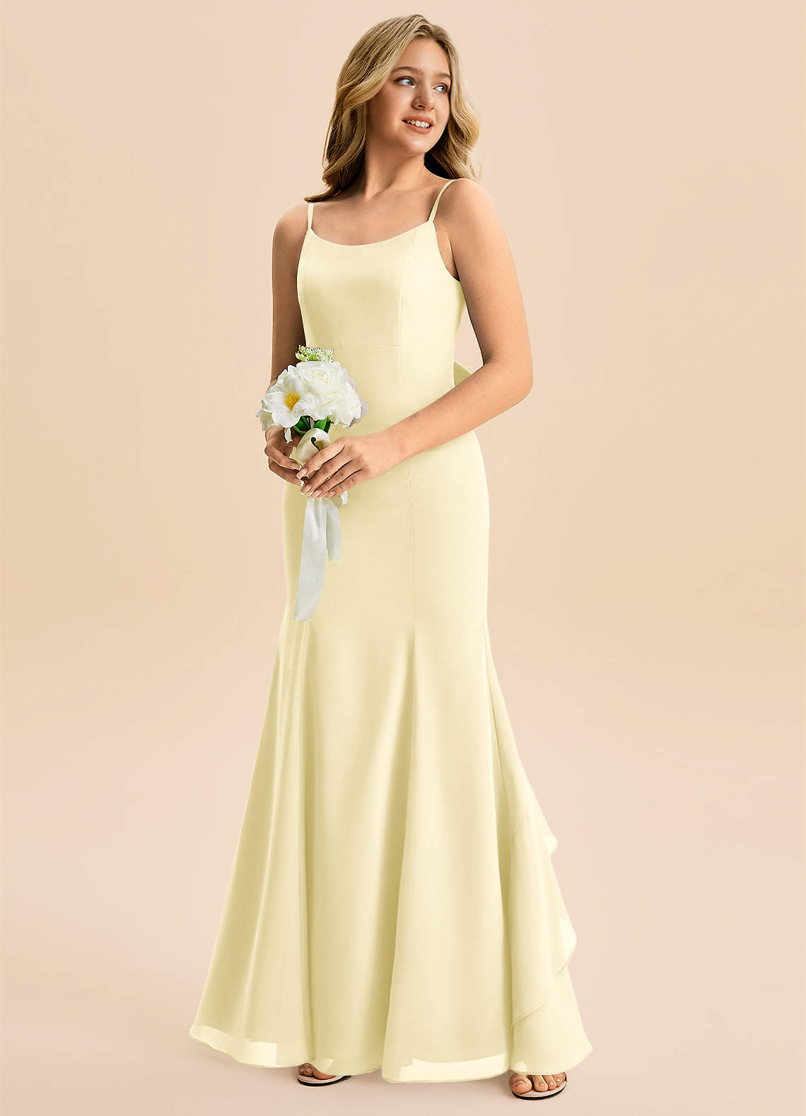 Azazie Lioren Junior Lemon Sorbet Mermaid Bow Chiffon Dress image3