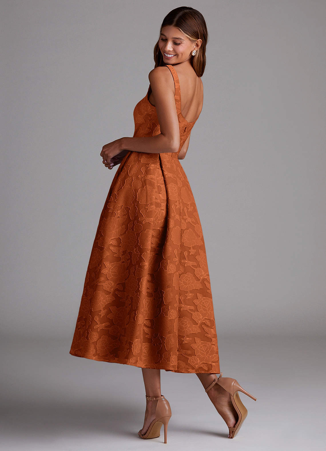 Azazie Amalie Vestidos de madrinha de casamento Vestido Laranja Queimada de Esgotamento Floral de Linha A com Plissado image1