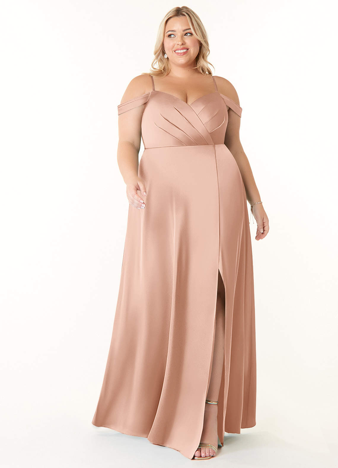 Azazie Ocean Bridesmaid Dresses Rose Gold A-Line V-Neck Pleated Stretch Satin Dress image1