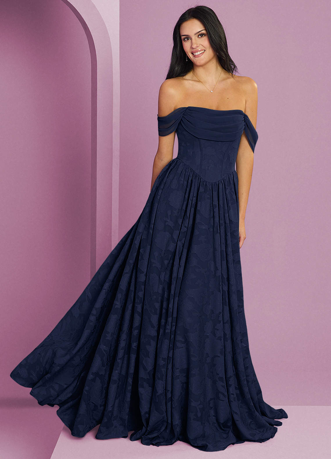 Barbie ♥ Azazie Jurken voor bruidsmeisjes Converteerbaar Jurk van Bloemen Burn-out met A-Lijn Off the Shoulder Donkere Marine image1