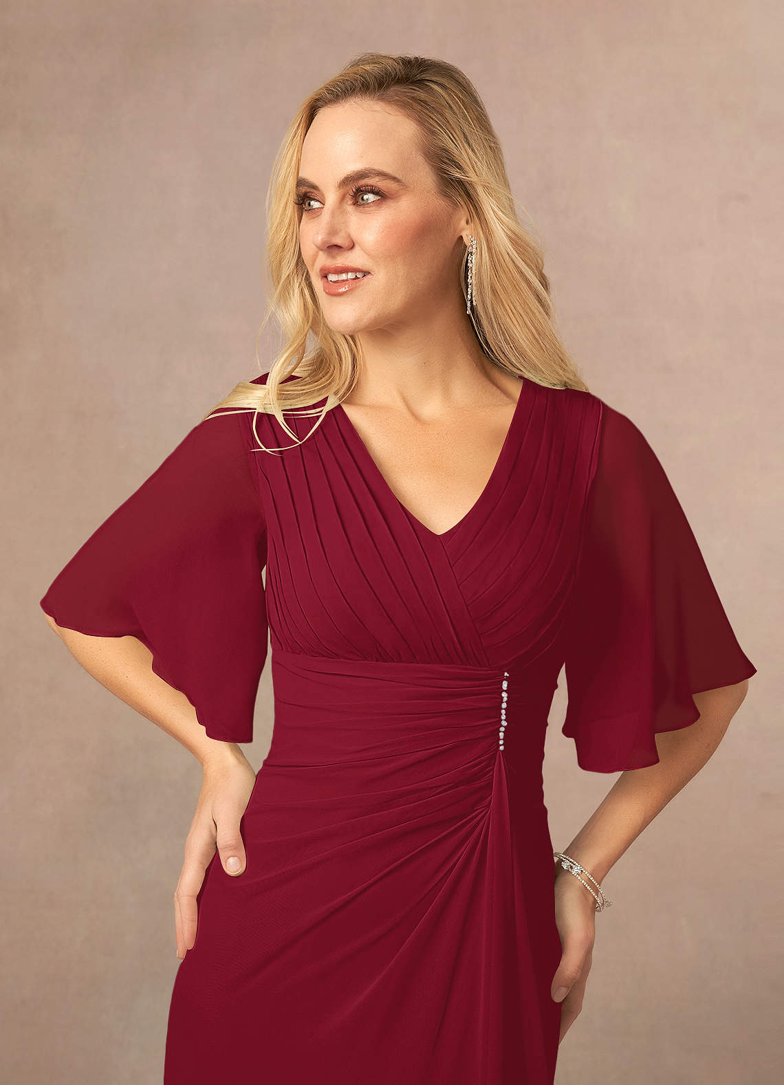 Azazie Carson Burgundy A-Line V-Neck Lace Chiffon Dress | Azazie