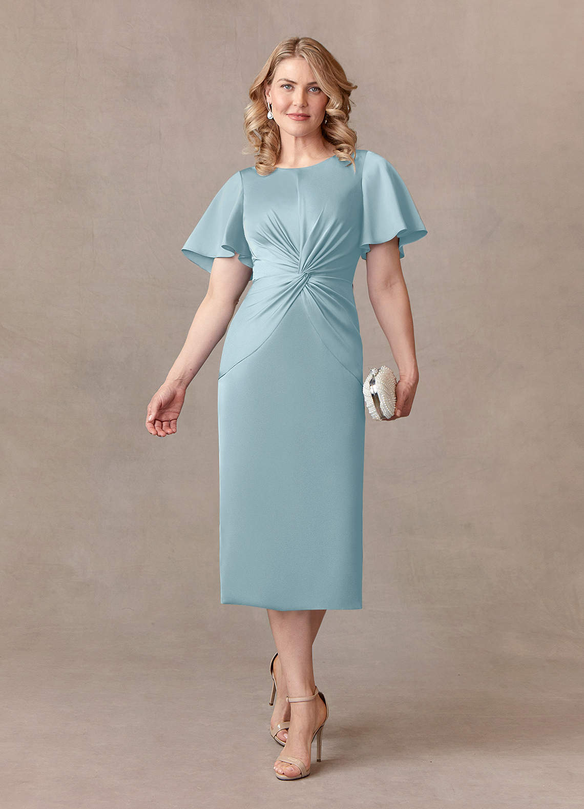 Azazie Everlyn Mother of the Bride Dresses Moody Blue Sheath Pleated Stretch Satin Dress image1