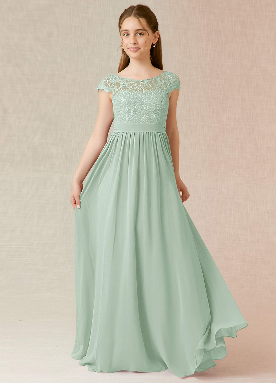 Azazie Silvermist Junior Agave A-Line Pleated Chiffon Dress image1