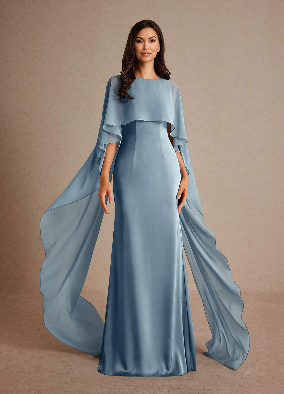 Azazie Milfred Dusty Blue Sheath Boatneck Stretch Satin Dress | Azazie