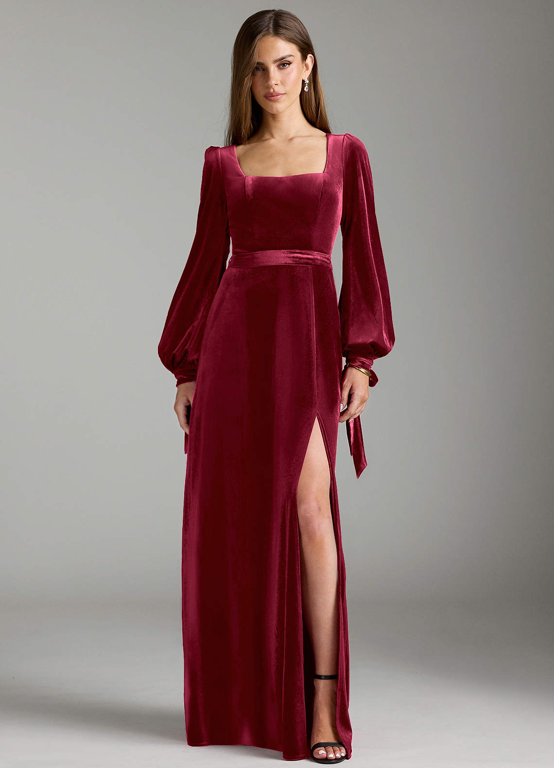 Azazie Leonia Bridesmaid Dresses Burgundy A-Line Long Sleeve Velvet Dress image1