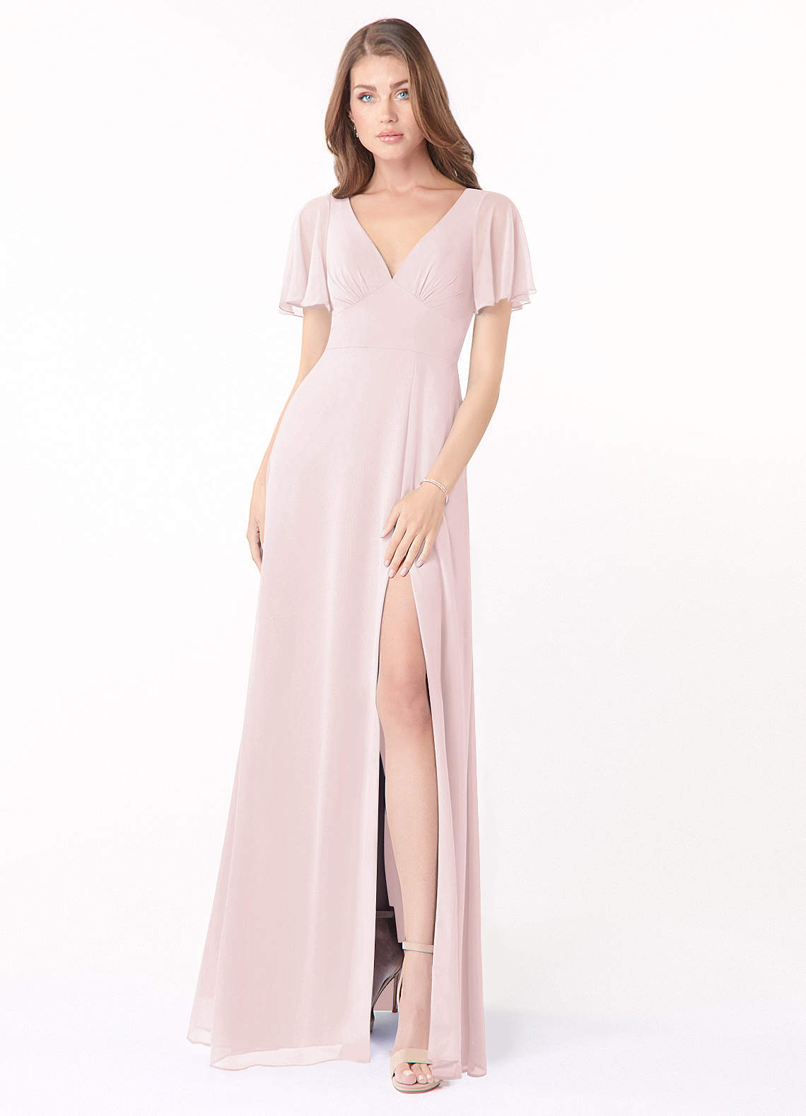 Azazie Kimber Bridesmaid Dresses Blushing Pink A-Line Flounce Sleeve Chiffon Dress image1