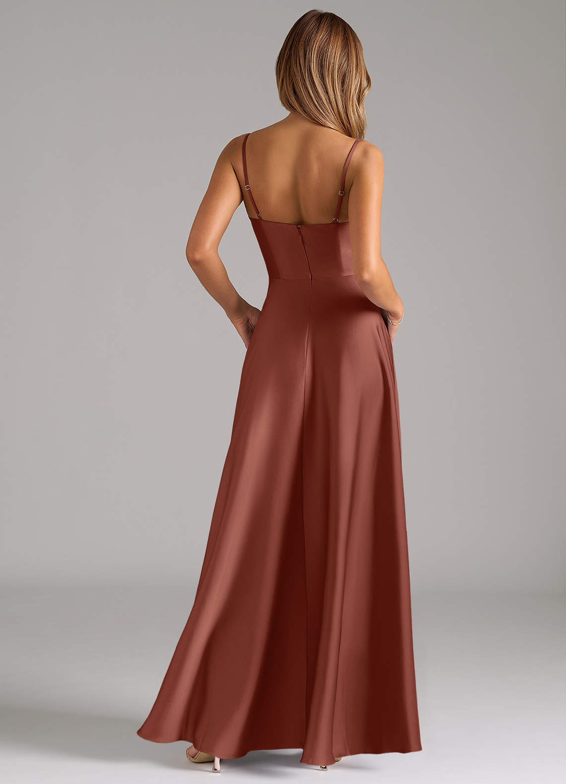 Azazie Elle Bridesmaid Dresses Auburn A-Line Pleated Stretch Satin Dress image6