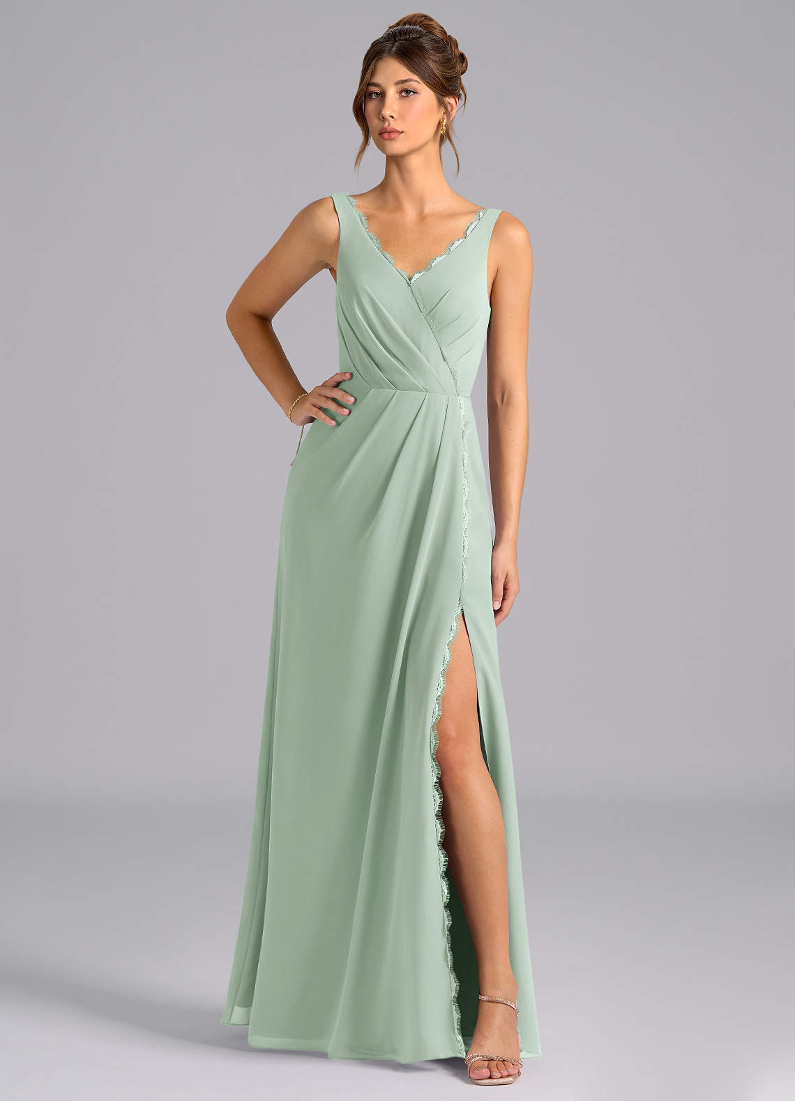 Azazie Bernice Bridesmaid Dresses Agave A-Line Pleated Chiffon Dress image1