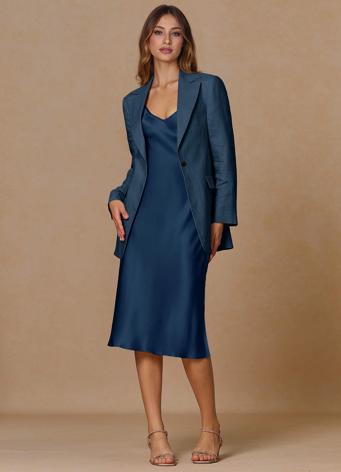 front Belicia 다크 네이비 100% 린넨 투피스 정장