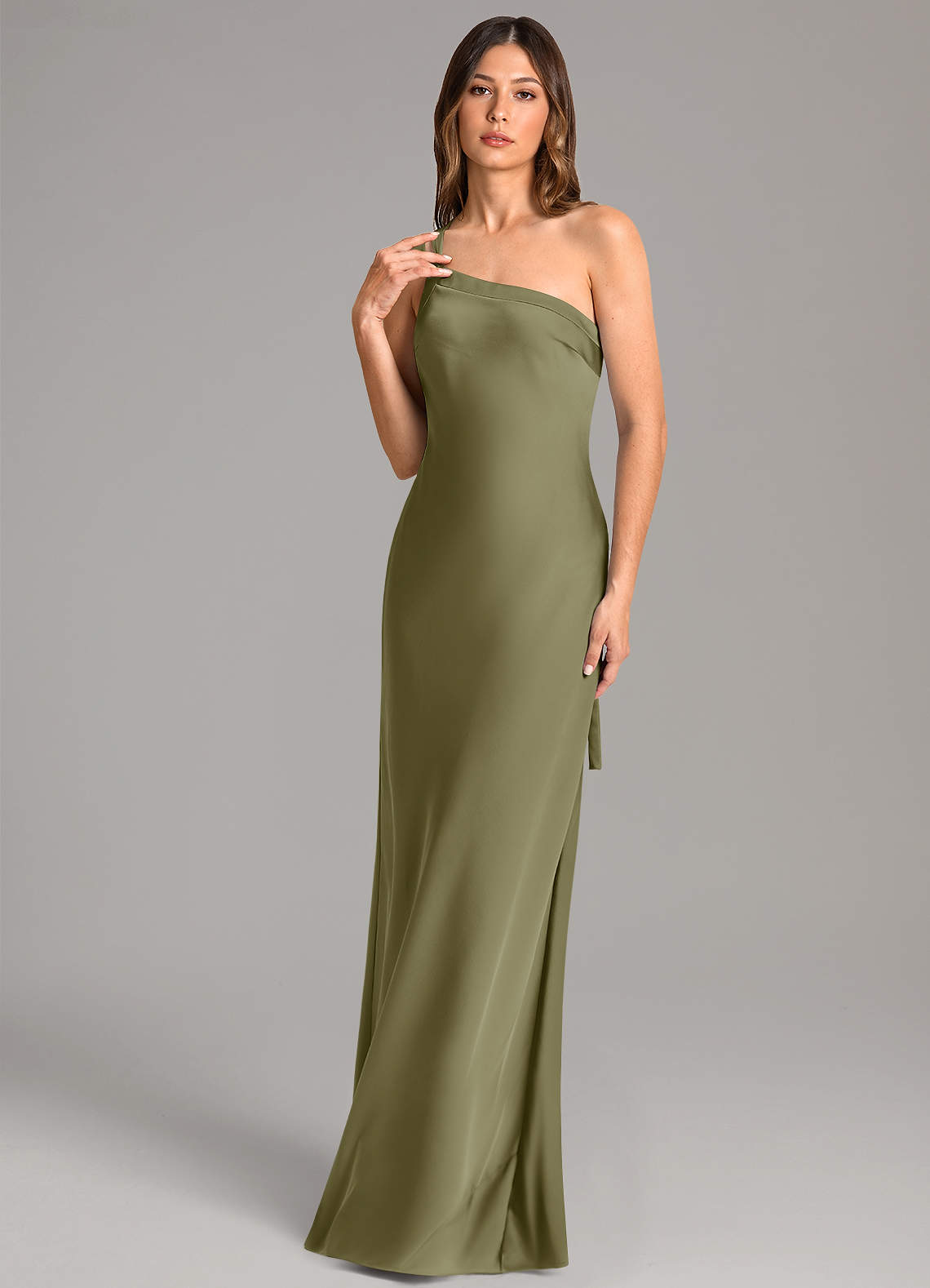 Azazie Monroe Jurken voor bruidsmeisjes Jurk van Stretch Satijn met Zeemeermin One-Shoulder Pistache image1