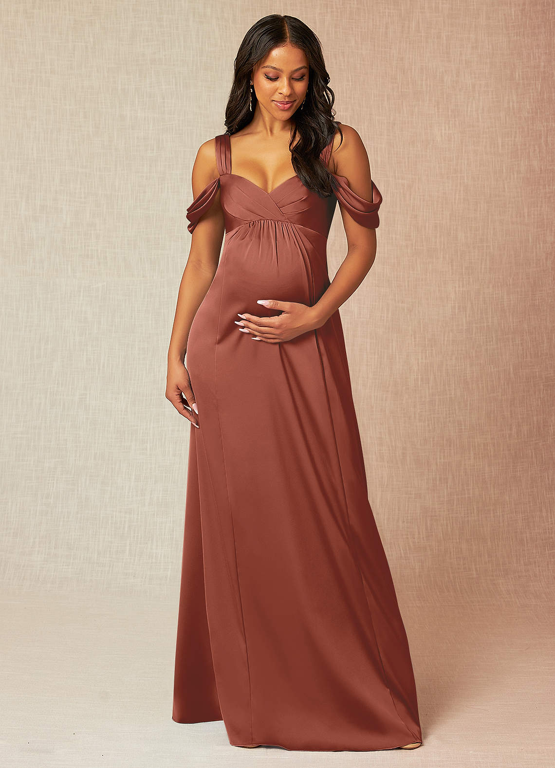 Azazie Rhea Maternity Bridesmaid Dresses A-Line Off-The-Shouler Pleated Stretch Satin Floor-Length Dress image1