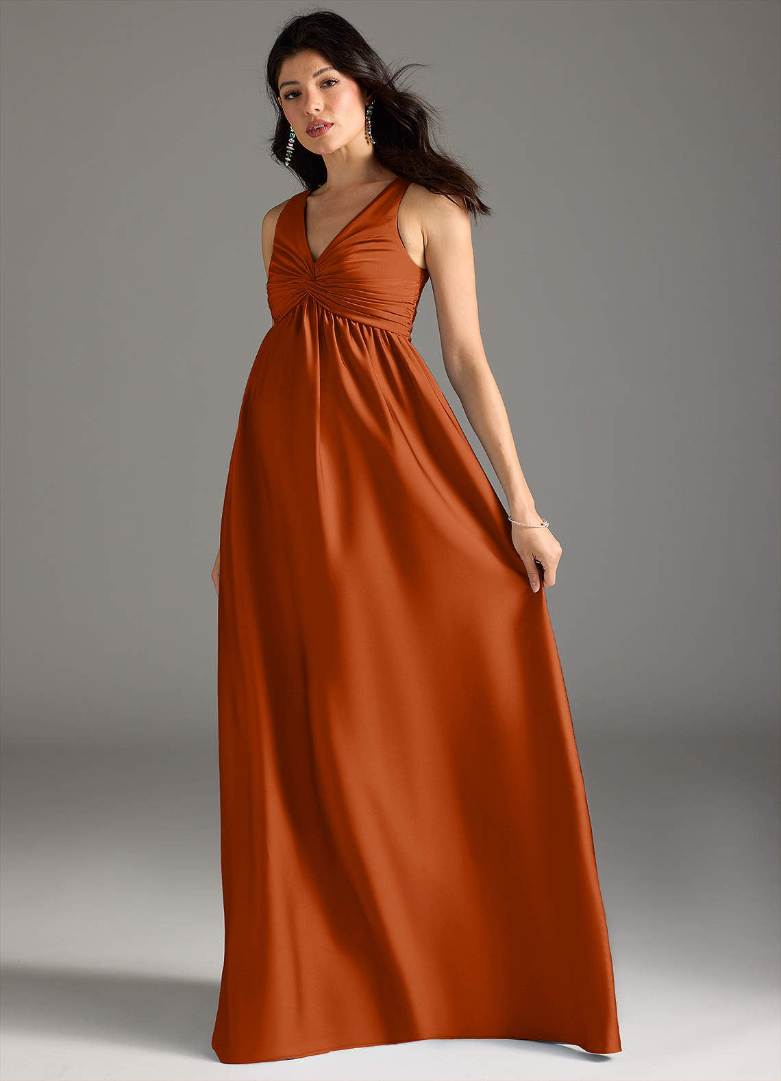 Azazie Yetta At-home Try On Dresses A-Line Pleated Stretch Satin Floor-Length Dress image5