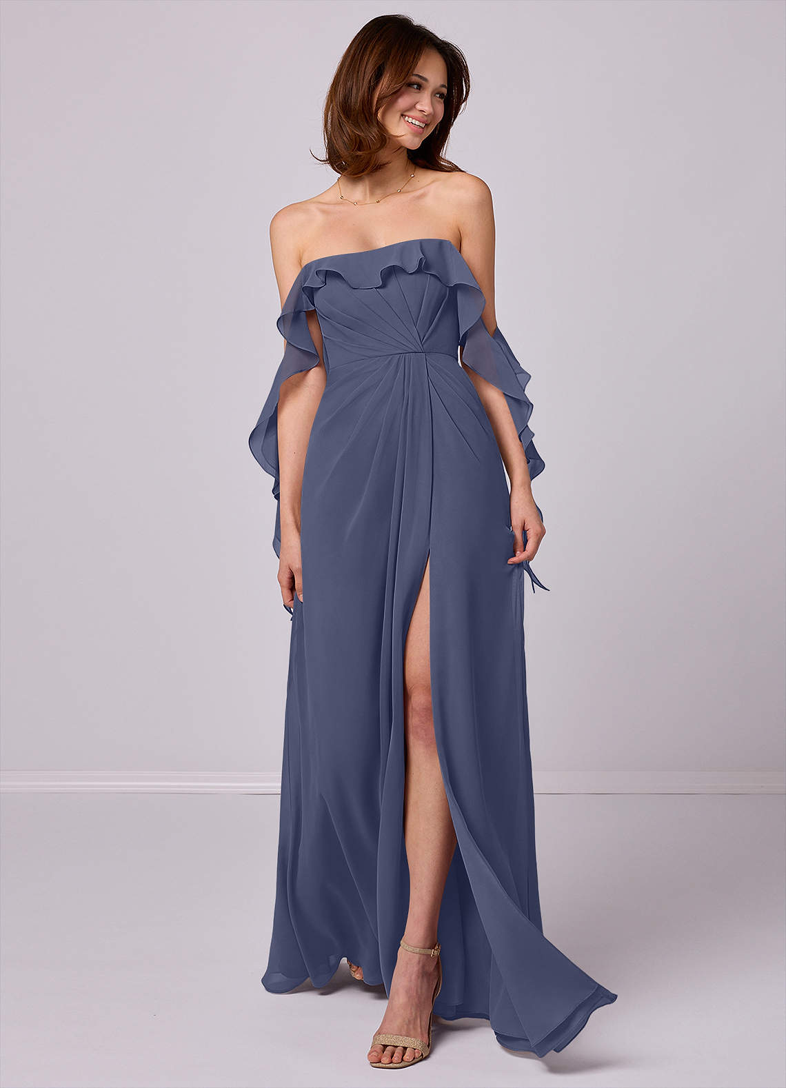 Barbie ♥ Azazie Jurken voor bruidsmeisjes Converteerbaar Jurk van Chiffon met A-Lijn Off the Shoulder Stormachtig image1