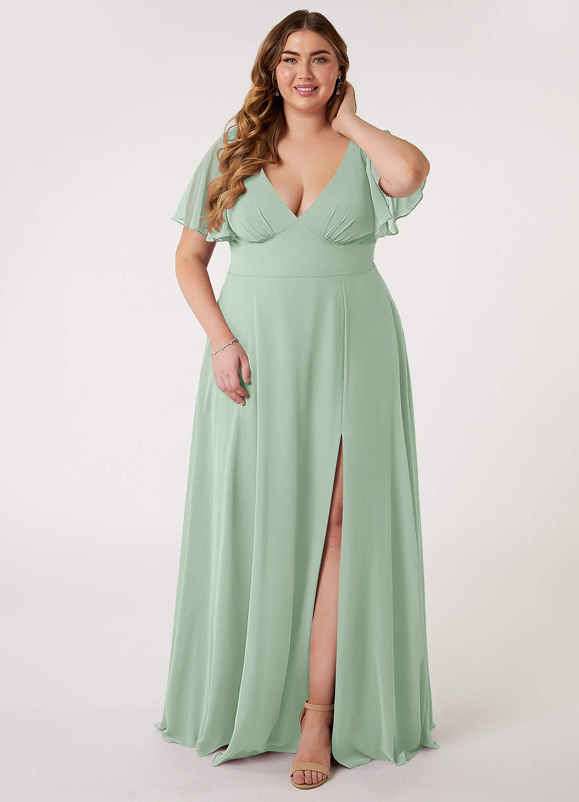 Azazie Kimber Bridesmaid Dresses Agave A-Line Flounce Sleeve Chiffon Dress image1