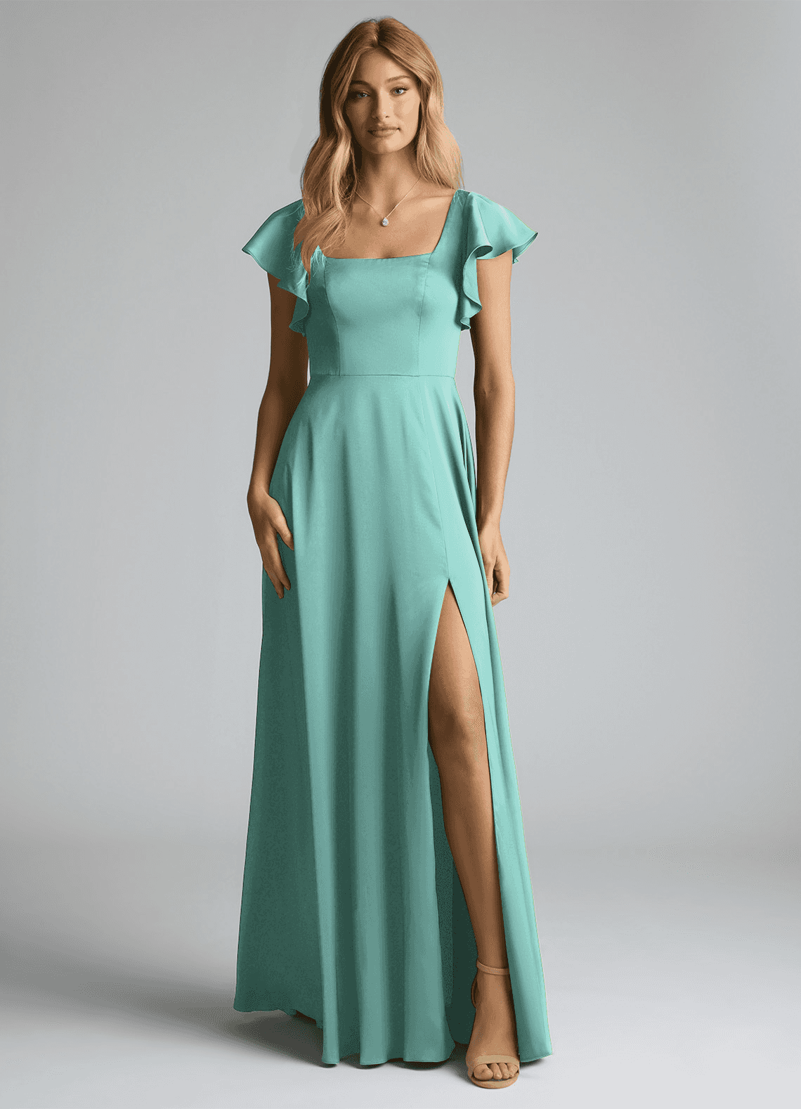 Azazie Bondi Bridesmaid Dresses Aqua A-Line Bow Stretch Satin Dress image4