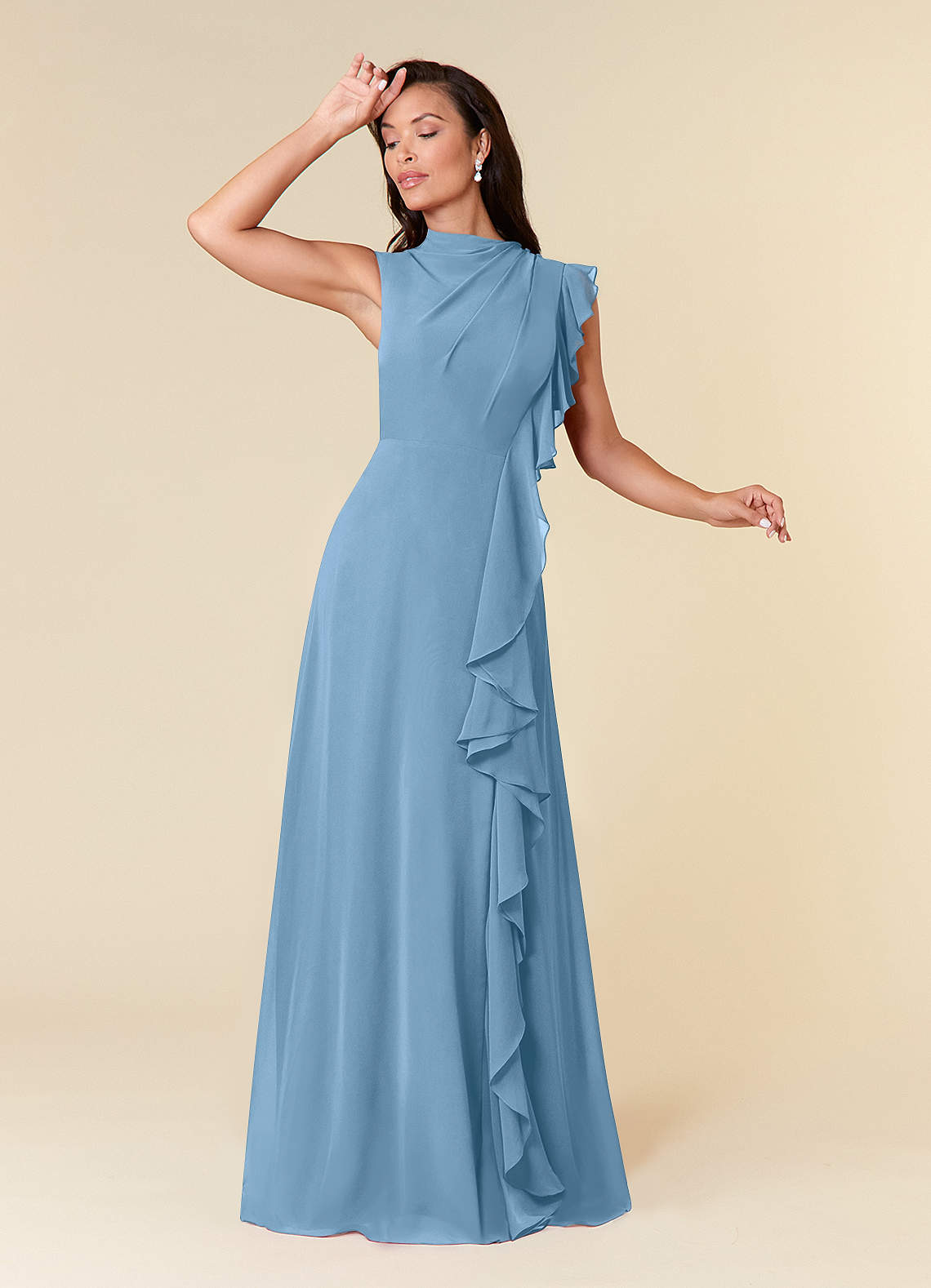 Azazie Narine Mère de la mariée Robes Robe Trapèze en Mousseline de soie Encolure haute plissée Acier Bleuté image1