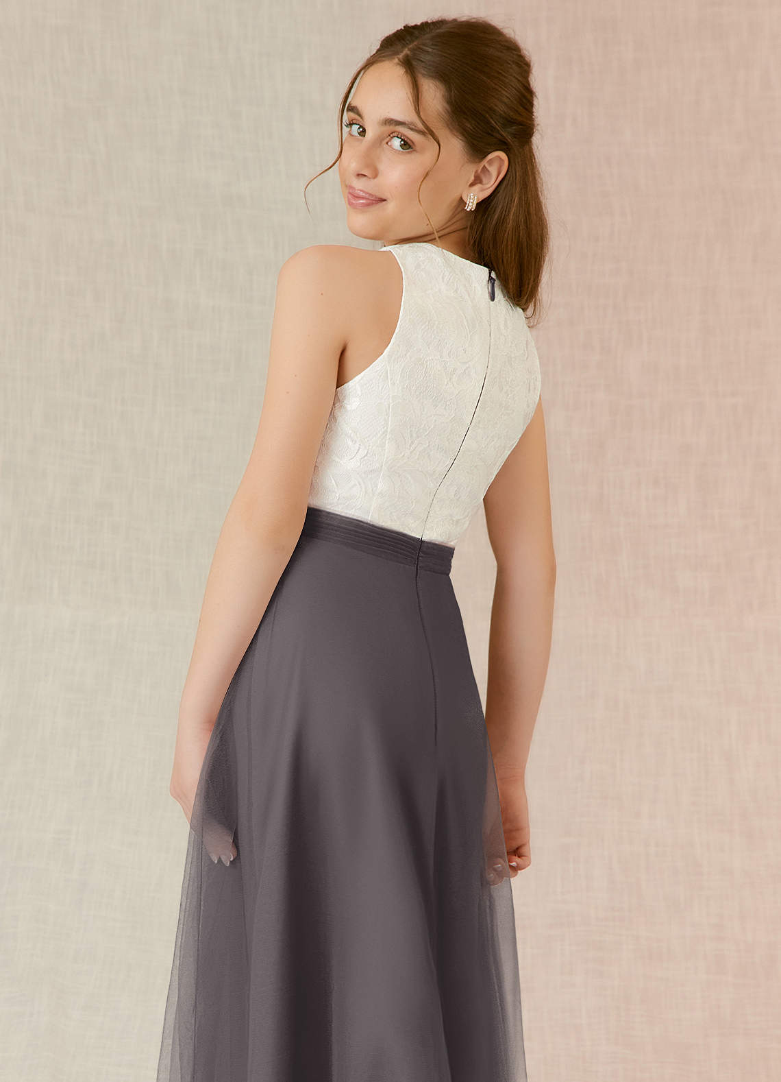 Azazie Albertine Junior Steel Grey A-Line Lace Chiffon Dress image5